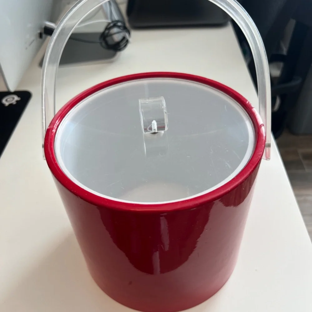 MCM Shelton-Ware Retro RED Ice Bucket W Clear Lucite Lid & Handle